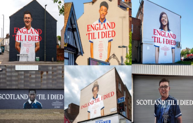 Montage of six murals featuring young people and the wording England 'til I died or Scotland 'til I died.