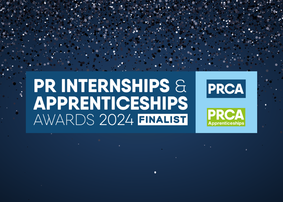 PRCA logo against blue background, overlaid with the words PR Internships and Apprenticeships Awards 2024