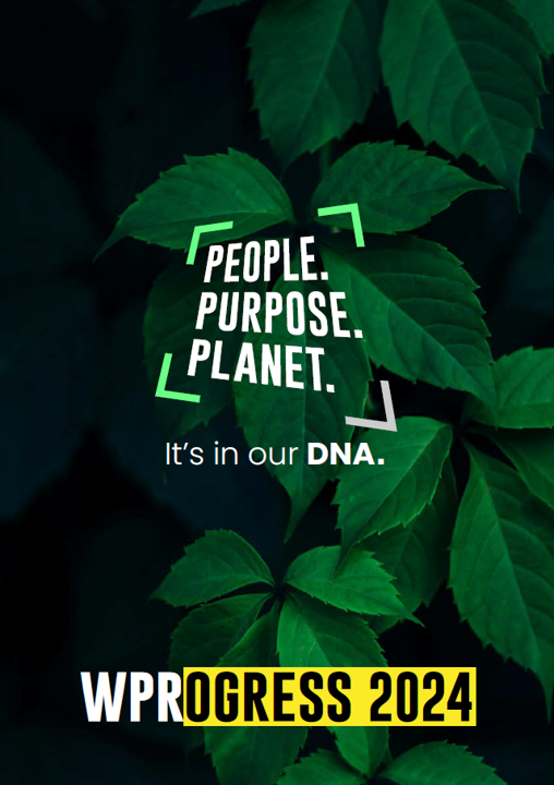 Front cover of WPRogress 2024 report, an image of green leaves with the people purpose planet logo overlaid