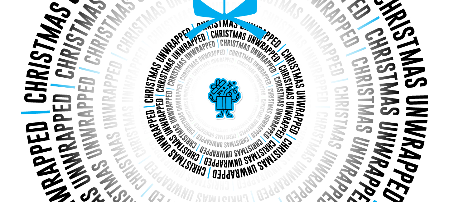 Illustrated present character surrounded by the words Christmas Unwrapped