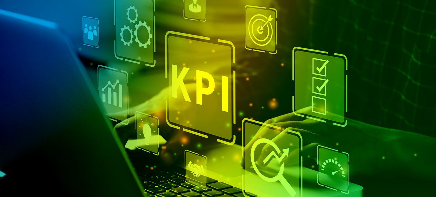 The acronym KPI - representing KPIs in PR - against a background of icons and keyboards